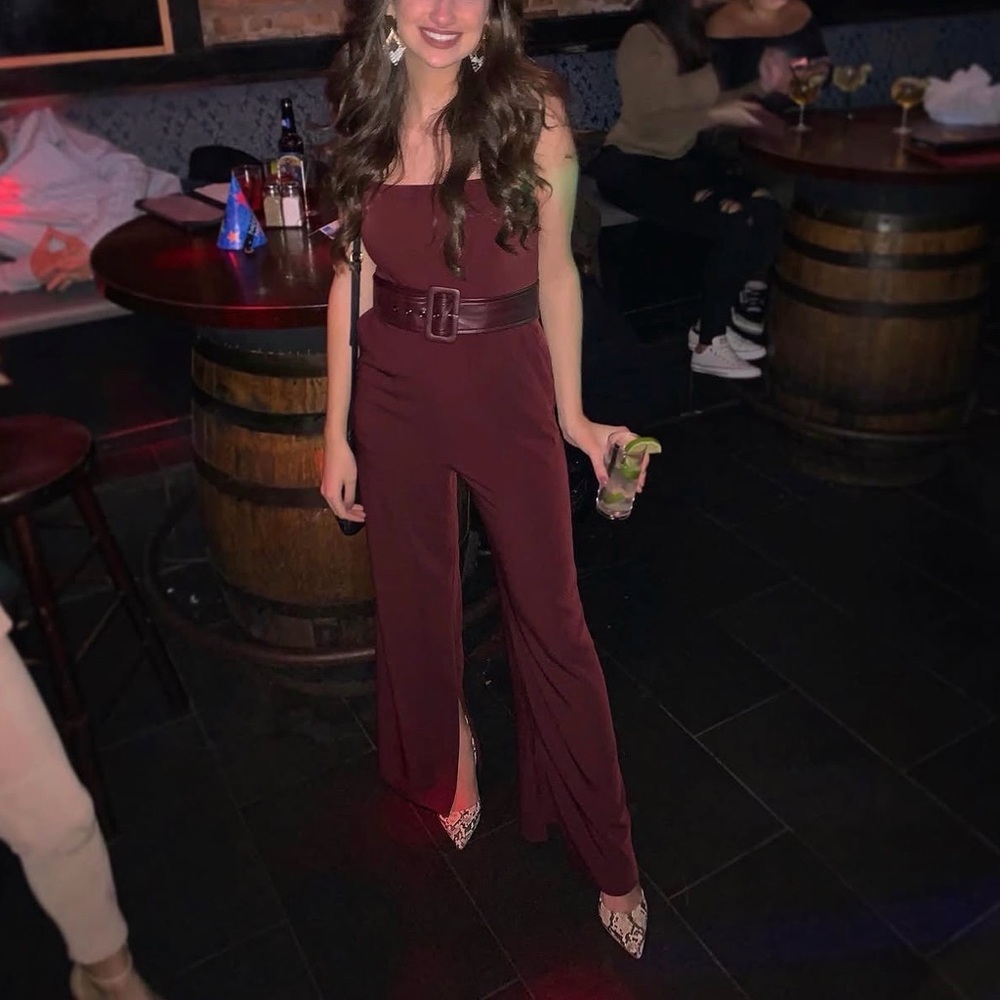Express Wide-Leg Jumpsuit in Burgundy with Belt